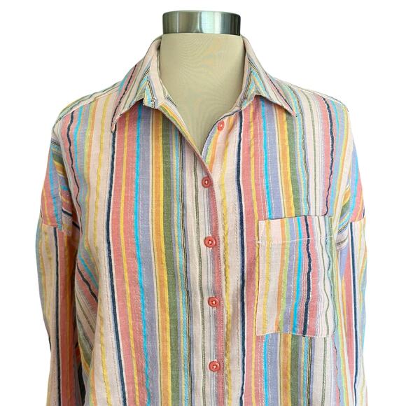 ANTHRO Pilcro Long Sleeve Striped Boyfriend Oversized Shirt S/M Casual Work Fall - Picture 8 of 12